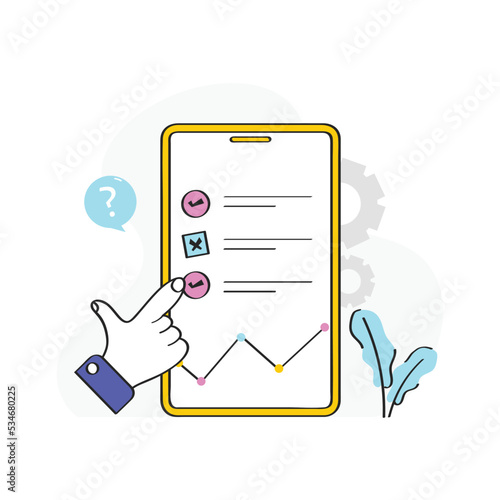 Vector Illustration Of Online Quiz Or Survey List On Smartphone Screen Against White Background. photo