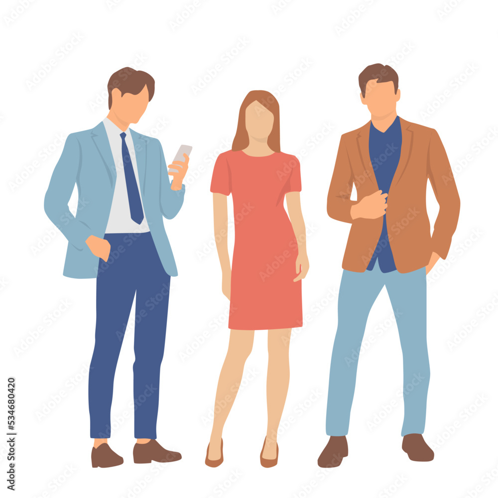 Set of young men and women, different colors, cartoon character, group of silhouettes of standing business people, students, the design concept of flat icon, isolated on white background Set of young men and women, different colors, cartoon character, group of silhouettes of standing business people, students, the design concept of flat icon, isolated on white background