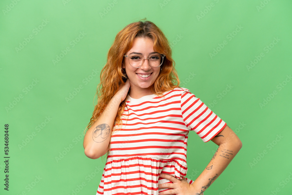 Young caucasian woman isolated on green screen chroma key background laughing Young caucasian woman isolated on green screen chroma key background laughing