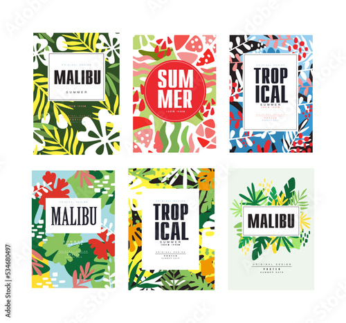 Malibu summer tropical card templates set. Banner, poster, background with exotic plants cartoon vector illustration