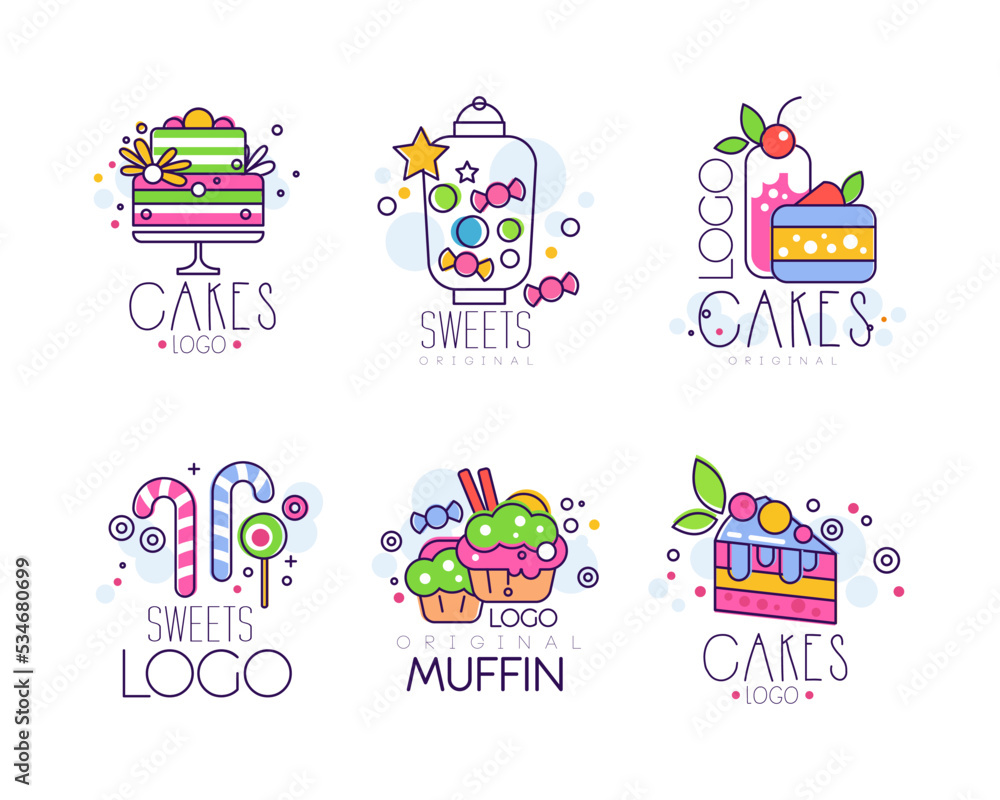 Obraz premium Cakes and sweets logo design set. Tasty desserts hand drawn labels and badges hand drawn vector illustration