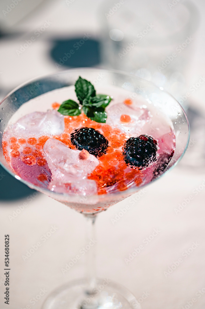 Eisgekühlter Molekular-Drink mit Beeren, Eiswürfeln und Minze Stock ...