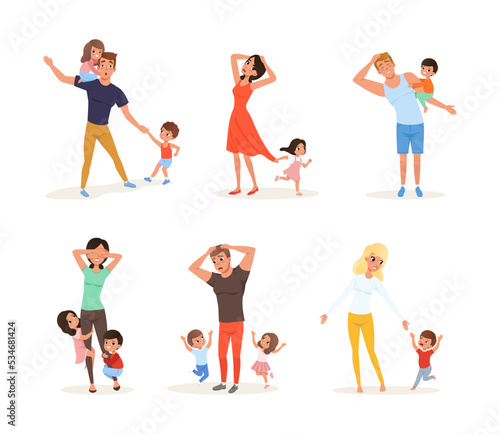 Tired young parents with naughty children set. Stressed exhausted moms and dads. Reality of parenthood cartoon vector illustration
