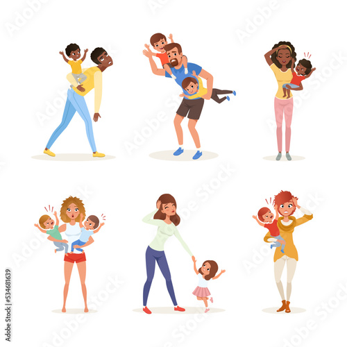 Tired young parents with naughty children set. Reality of parenthood cartoon vector illustration