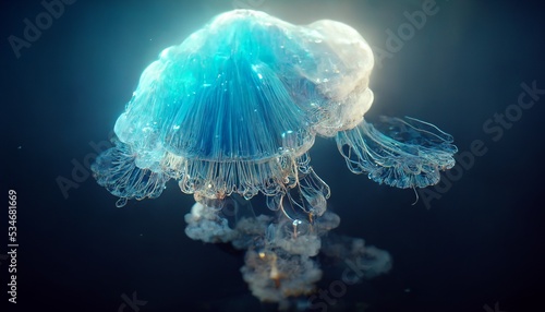 Beautiful Transclucent Jellyfish with several tentacles and a large body, blue light, shining, glowing in the dark, deep sea ocean. Photo realistic, concept art, background, illustration photo