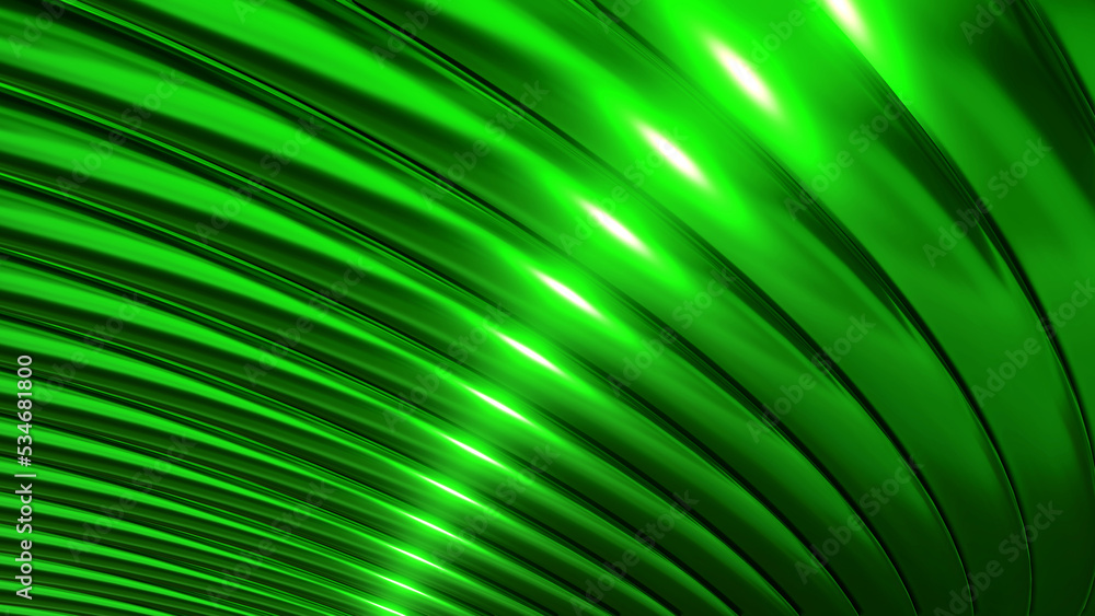 Obraz premium Green metallic background, shiny striped 3D metal abstract background, technology lustrous 3D render illustration.