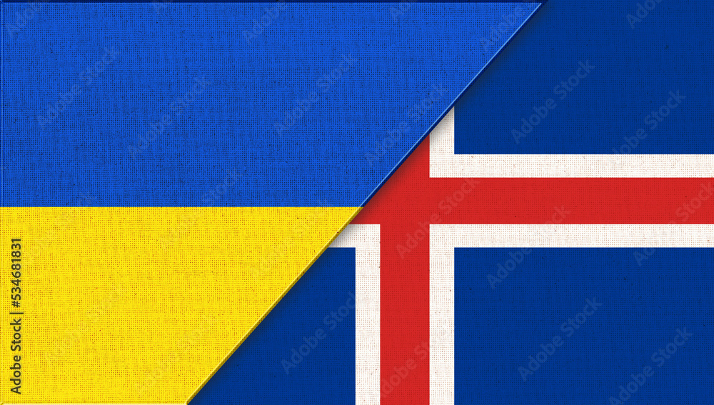 Flag of Ukraine and Iceland. 3D illustration. Friendship of countries. Icelandic