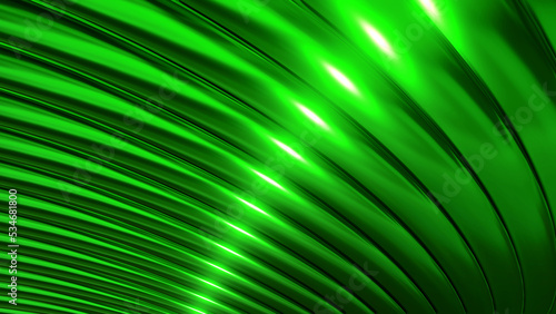 Green metallic background, shiny striped 3D metal abstract background, technology lustrous 3D render illustration.