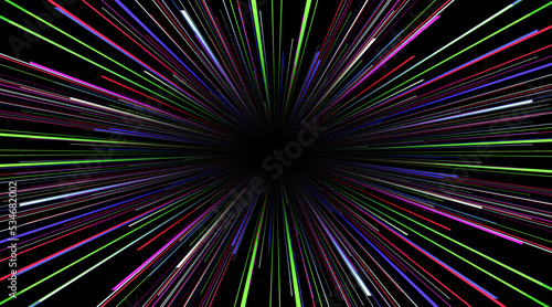 Abstract background dynamic 3d burst lines, neon glow colors on black, cosmic speed concept, dynamic hyperspace tunel 3D science fiction vector illustration.
