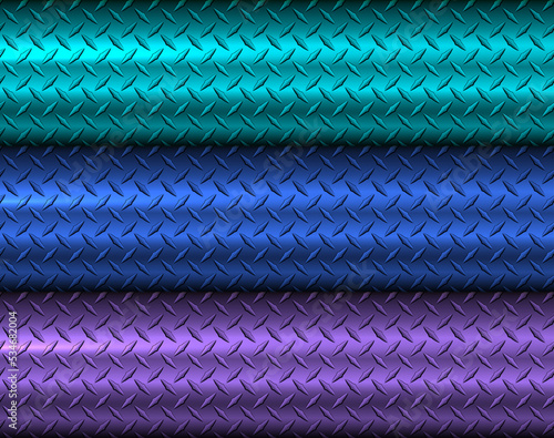Purple blue 3D polished steel texture background, shiny chrome metallic with diamond plate texture, 3d vector lustrous metal design.