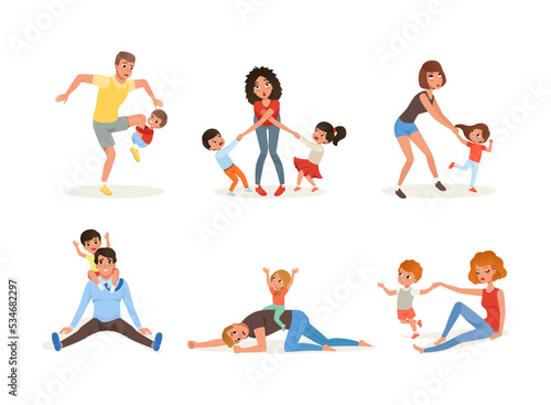 Tired young parents with naughty children set. Stressed exhausted moms and dads cartoon vector illustration