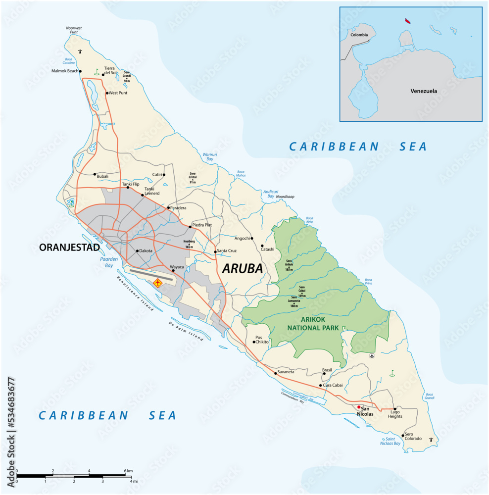 road map of the ABC island of Aruba in the Caribbean Sea Stock Vector