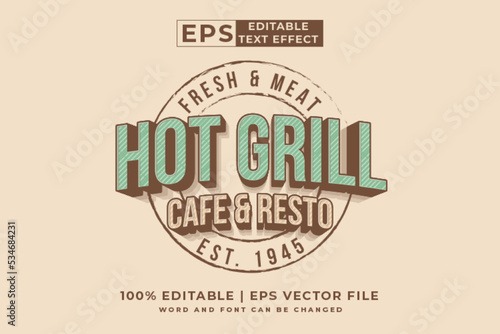 Editable text effect hot grill logo 3d vintage style premium vector