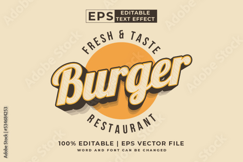 Editable text effect burger logo 3d vintage style premium vector