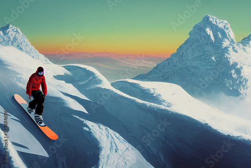 Man snowboarder sportswear snowboarding ride from white snowy mountain against a blue sky.