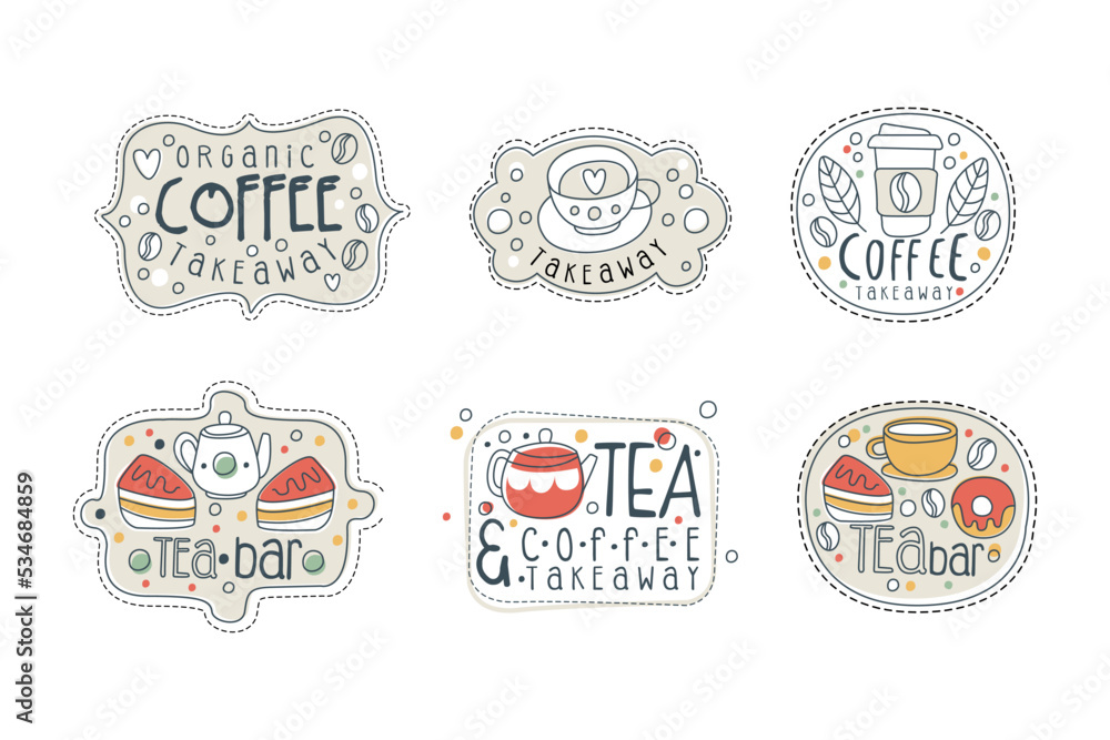Tea coffee bar labels set. Organic takeaway drinks hand drawn labels, stickers, prints vector illustration
