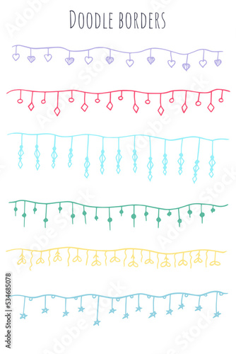 Set of hand drawn sketch colored garlands with stars and light bulbs. Vector illustration.