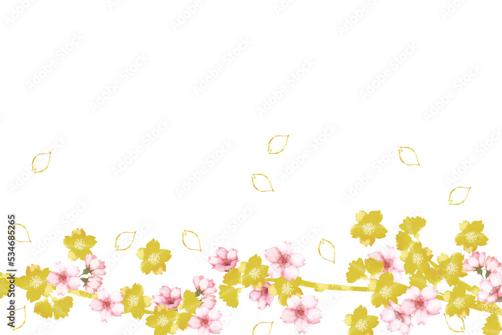 水彩の桜の枝とゴールドの桜 水彩の桜の枝とゴールドの桜