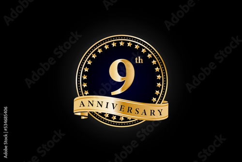 9th anniversary golden gold logo with gold ring and ribbon isolated on black background, vector design for celebration. photo