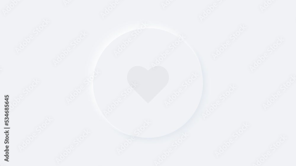 White round button with neumorphic effect. Blinking red heart. Motion graphics shape animation. White round button with neumorphic effect. Blinking red heart. Motion graphics shape animation.