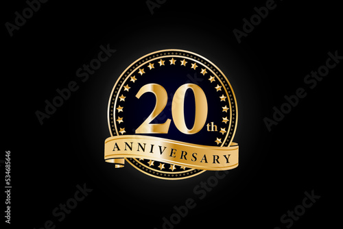 20th anniversary golden gold logo with gold ring and ribbon isolated on black background, vector design for celebration.