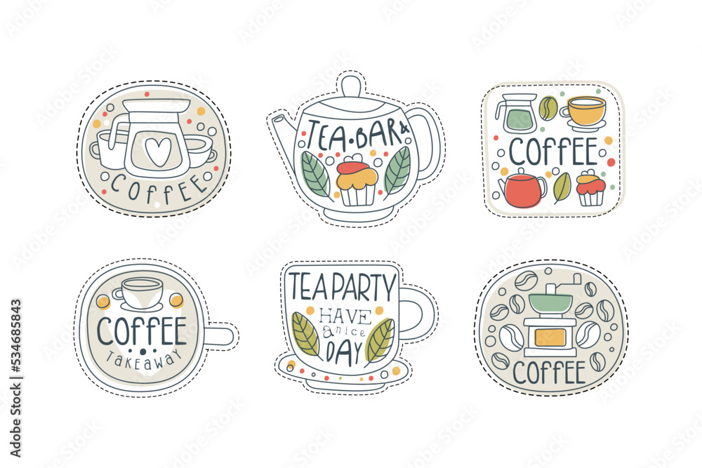 Coffee takeaway labels set. Organic coffee and tea drinks hand drawn labels, stickers, prints vector illustration