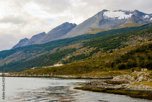Remote coastline with mountains along the Beagle Channel, Tierra del Fuego, Chile.