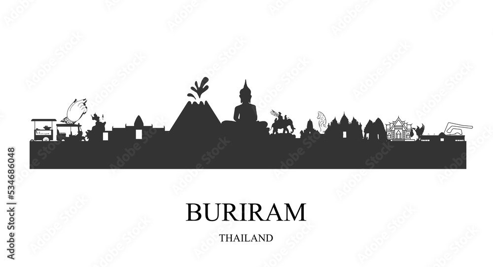 Silhouette of tourist attraction in Buriram, Thailand isolated from white background.
