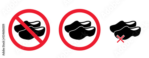 Stop, halt, do not enter with walk clogs, farms clogs. Forbidden for wooden clogs Souvenir for tourist. Cartoon shoes. No ban sign. Beware, no people with schoe