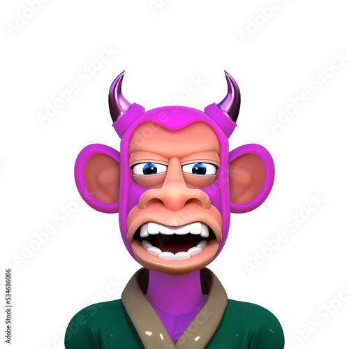 3D RENDER ILLUSTRATION. FANTASY FUNNY CRAZY MONSTER DEMON DEVIL APE MONKEY ANIMAL CUTE CARTOON CHARACTERS. PROFILE PICTURE PNG BLANK BACKGROUND. © Setthasith