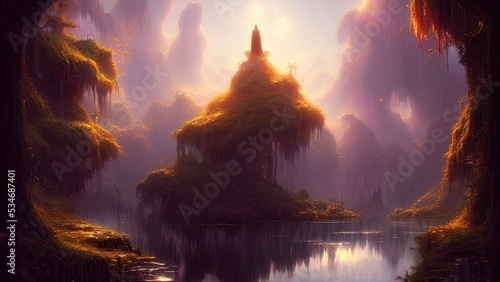 Fantasy landscape with unreal trees and mirror river. Sun rays, shadows, fog, reflection in the water. Unreal world. 3D illustration.