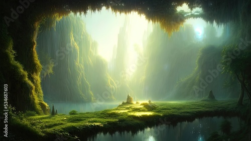 Fantasy landscape with unreal trees and mirror river. Sun rays, shadows, fog, reflection in the water. Unreal world. 3D illustration. © Terablete