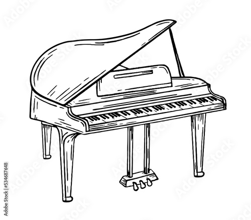 Grand piano musical instrument style hand drawn. Vector black and white doodle illustration