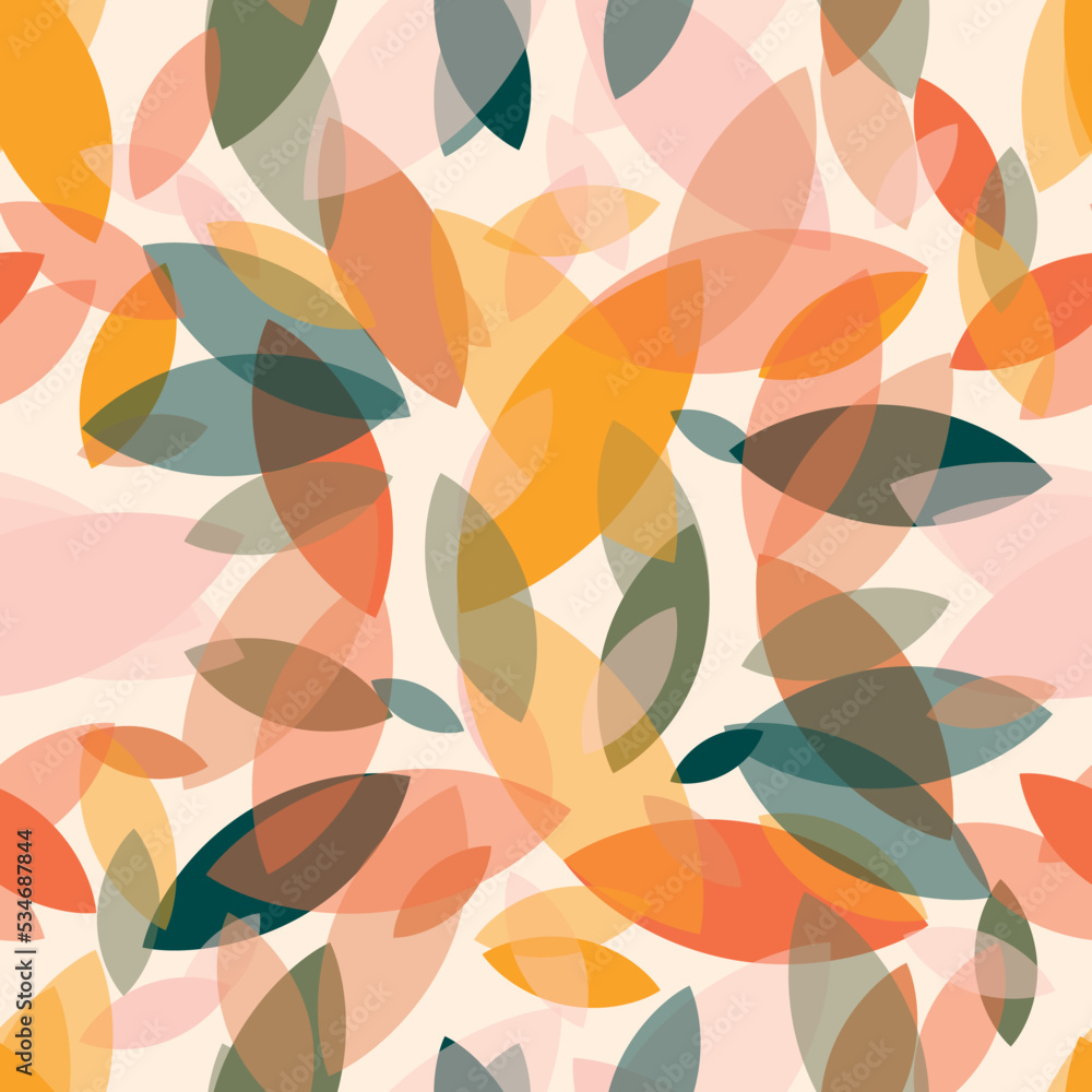 Autumn leaf fall on a pink background. Seamless cute pattern with leaves or grains in different colors. Autumn colorful explosion. Vector.