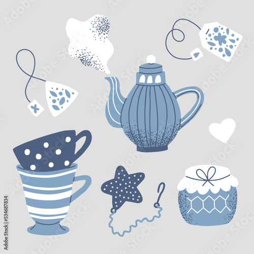 Tea party set. Teapot, tea leaves, mugs, cups, honey and jam. Stylish blue tableware