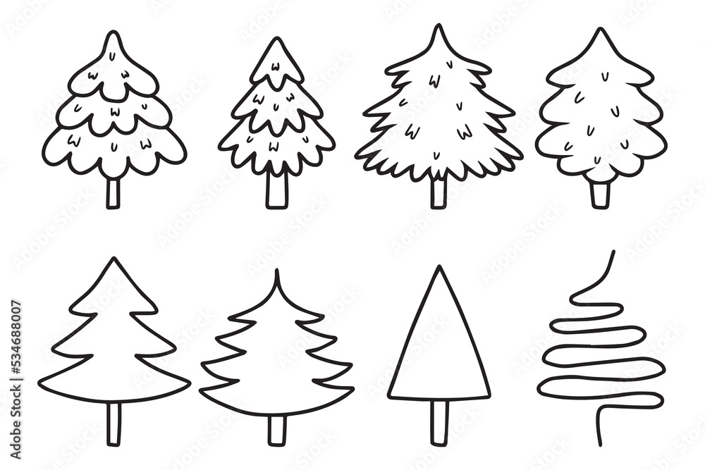 Set of Christmas tree in doodle style. vector illustration.