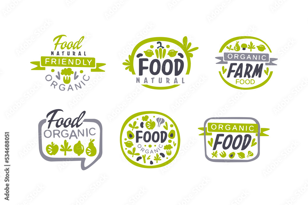 Natural, organic food logo design set. Fresh products packaging, farm market, eco store labels, badges hand drawn vector illustration