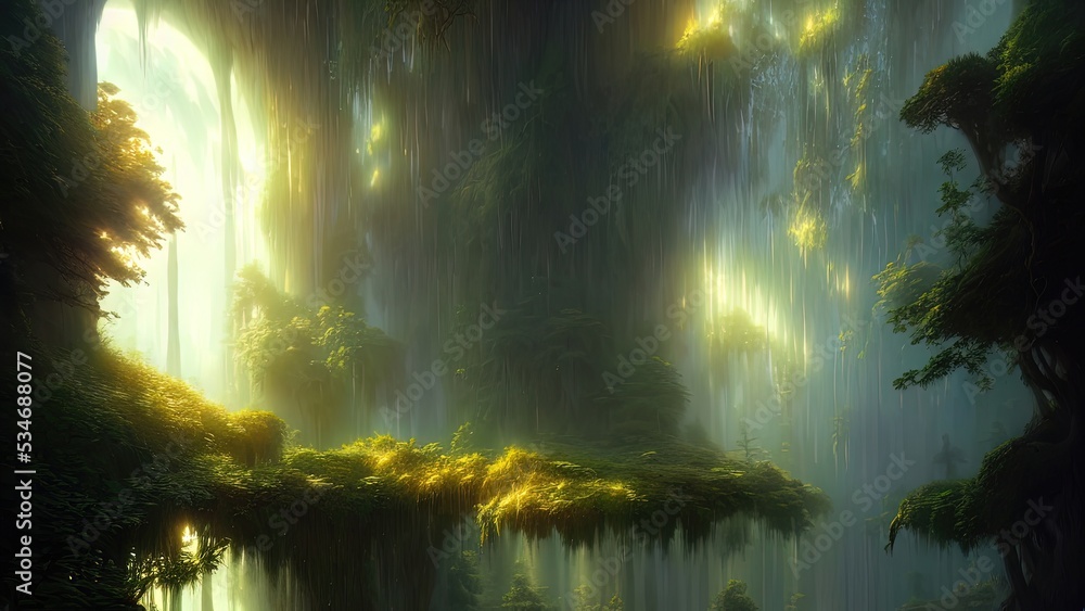 Fantasy landscape with unreal trees and mirror river. Sun rays, shadows, fog, reflection in the water. Unreal world. 3D illustration.