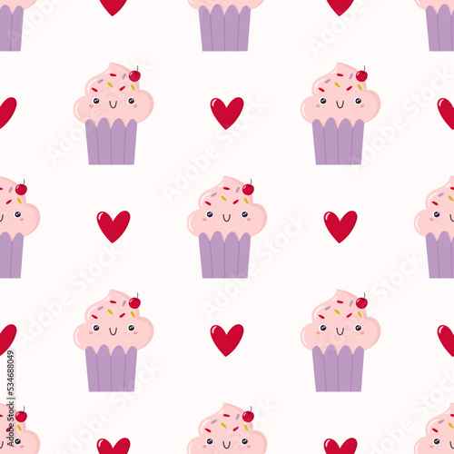 Cartoon kawaii cupcakes and hearts. Vector pastel seamless pattern. Background with cute dessert.