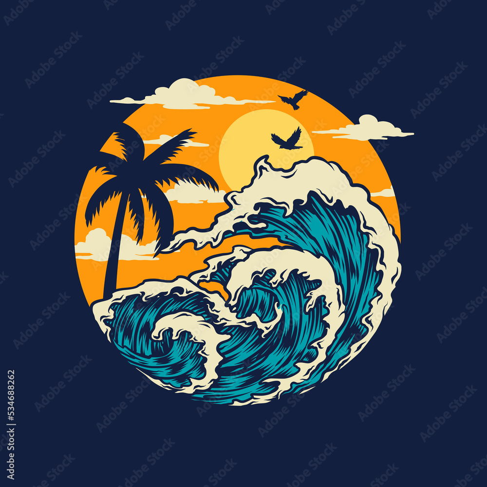 Sea waves hand drawn line style with digital color, vector illustration