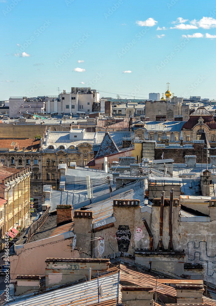 View of the city from the bell tower of the Cathedral of the Vladimir Icon of the Mother of God in St. Petersburg.