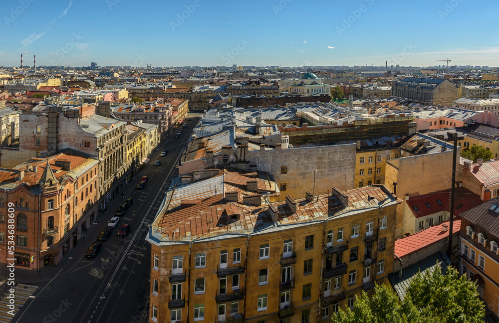 Fototapeta premium View of the city from the bell tower of the Cathedral of the Vladimir Icon of the Mother of God in St. Petersburg.