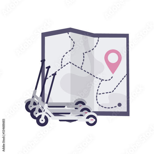 Electric Scooter Icon set parking. Modern lifestyle. Eco transport for city lifestyle. Scooter concept. Vector flat illustration. City map background