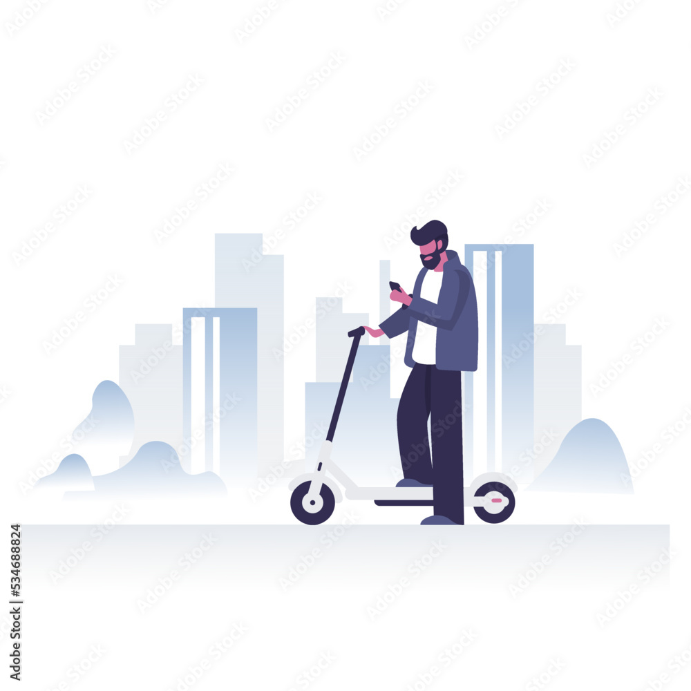 Young man with phone in his hand riding electric scooter modern cityscape background. Ecology transport concept. Flat style. Vector illustration.