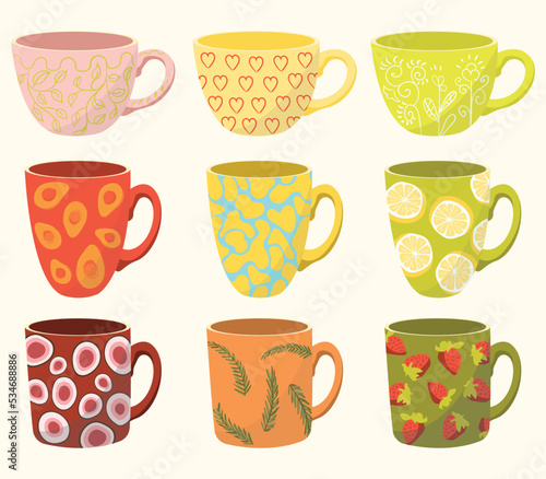 Hand drawn set of various cups. Ceramic mugs for matcha or different beverages and drinks. Flat Vector Illustration