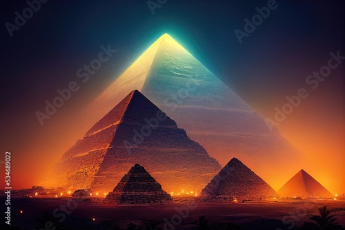 Desert with the great pyramids of ancient Egypt. Giza with pyramids. Fantasy desert landscape. Illuminated neon pyramids. 3D illustration.