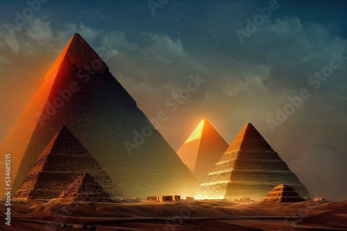 Desert with the great pyramids of ancient Egypt. Giza with pyramids. Fantasy desert landscape. Illuminated neon pyramids. 3D illustration.