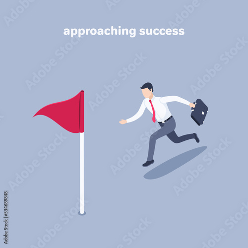 isometric vector illustration on a gray background, a man in business clothes with a briefcase running to the red flag, purposefulness or approaching success