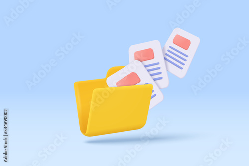 3d file transfer of document in folder, file transfer encrypted form, connection docs information migration concept. Access to remote file and folder. 3d document exchange vector render Illustration