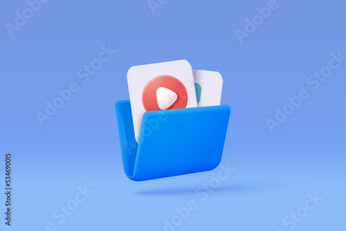 3d folder and paper for management multimedia file, document efficient work on project plan concept. Image and video document minimal folder icon. 3d vector picture render on isolated blue background